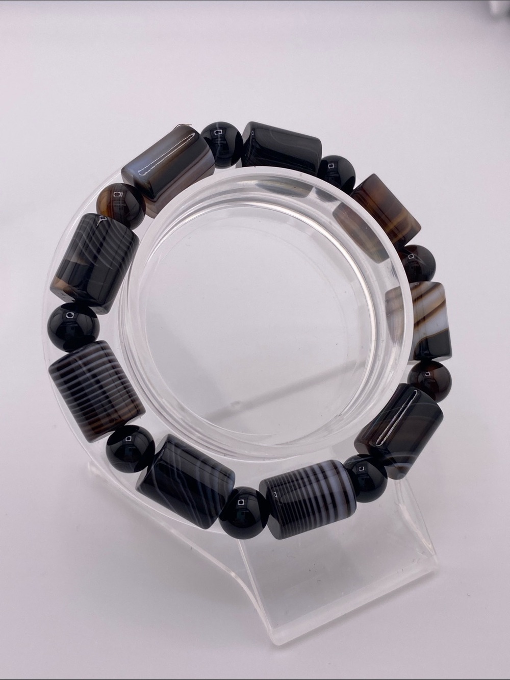 Black Agate Bracelet - Natural Banded Cylinder Beads
